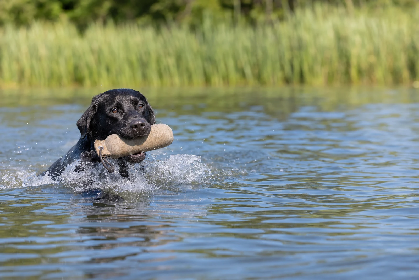 Retriever noir nageant avec un objet de rapport, illustration éditoriale